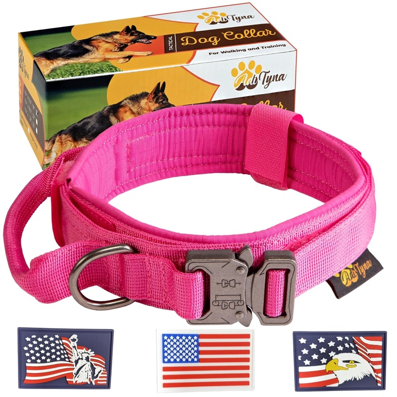 ADITYNA Premium Dog Collar with Metal Buckle – Tactical Dog Collar – Soft Padded, Heavy Duty, Adjustable Dog Collar with Handle for Training and Walking L Pink