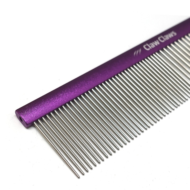 Claw Claws Greyhound Comb with Oval Handle for Dogs and Cats, Removing and Shedding Matted, Tangled Hair, Metal Comb with Stainless Steel Pins, Detangling Grooming Tool, Pet Comb (Purple-50% fine pins, Small) Purple-50% fine pins