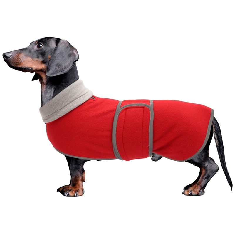 Dachshund Coats Sausage Dog Fleece Coat in Winter Miniature Dachshund Clothes with Hook and Loop Closure and high vis Reflective Trim Safety Small(Back: 14″-15″in) Red
