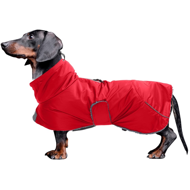Dachshund Coats Waterproof, Perfect for Dachshunds, Sausage, Weiner Dog Winter Coat with Padded Fleece, Puppy Snowsuit with Adjustable Bands and High Vis Reflective Trim Medium (Back: 15″-17″in) Red
