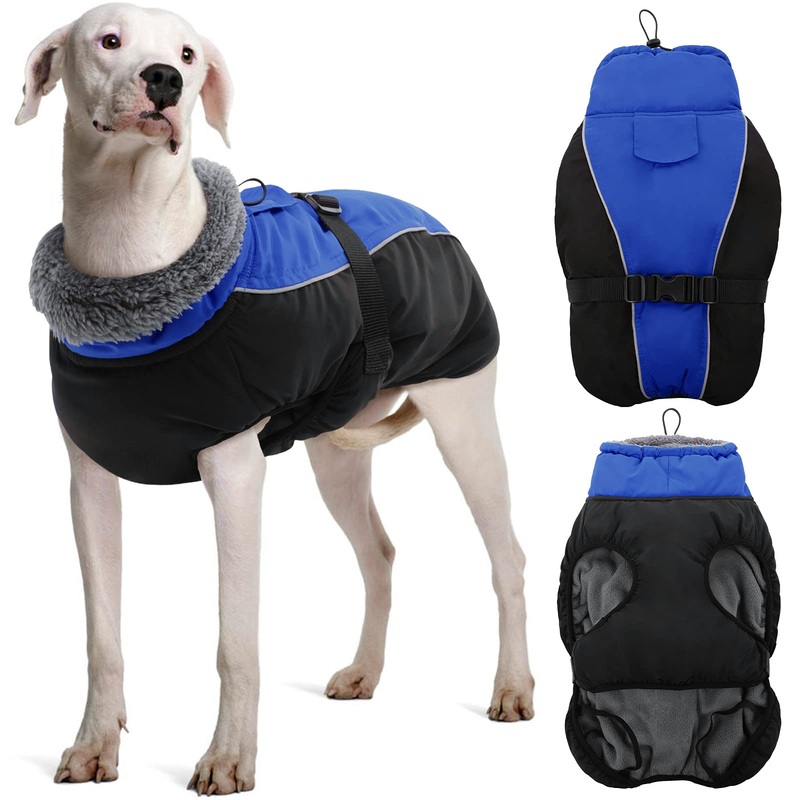 DENTRUN Winter Warm Dog Coat Windproof Cozy Dog Jacket Cold Weather Thick Fleece Vest Water Repellent Apparel with Harness/Leash Hole & Reflective for Outdoor Small Medium Large Dogs X-Large Blue
