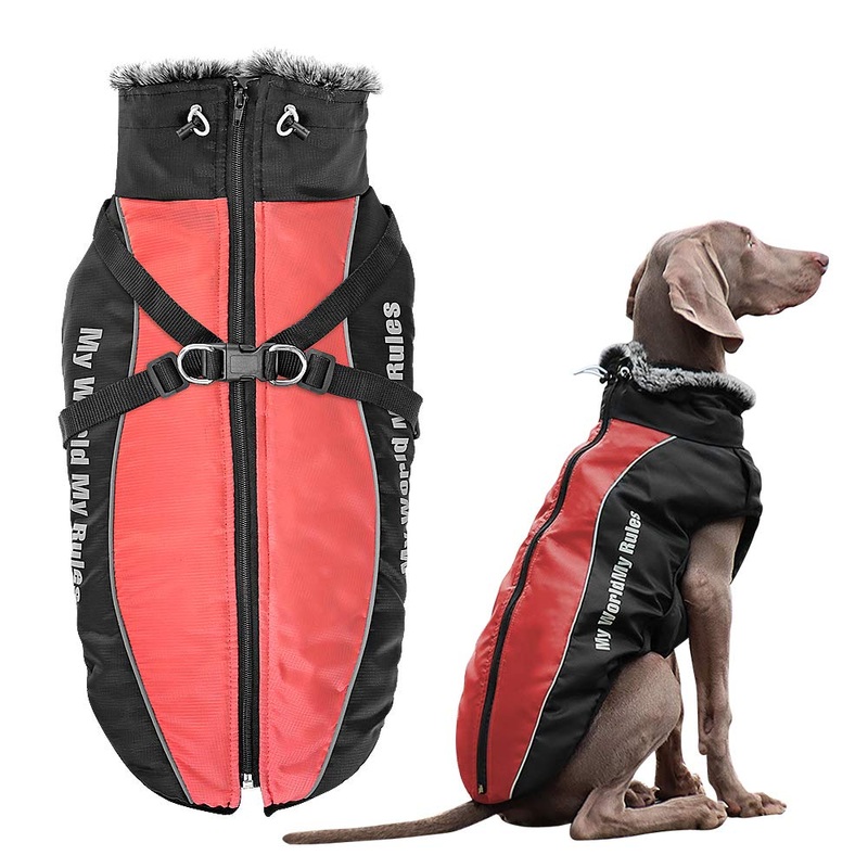 Didog Waterproof Dog Winter Jackets,Cold Weather Dog Coats with Harness & Furry Collar,Easy Walking & Soft Warm Sports Clothes Apparel for Medium Large Dogs Chest: 29″ Back Length: 24″ Pink