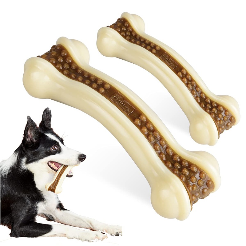 Dog Chew Toys for Aggressive Chewers Large Breed,Real Beef/Bacon Flavor Indestructible Dog Teething Chew Toys Bones for Large/Medium/Small Puppies ,Pet Toy with Durable Nylon 2PCS(Beef Flavor)