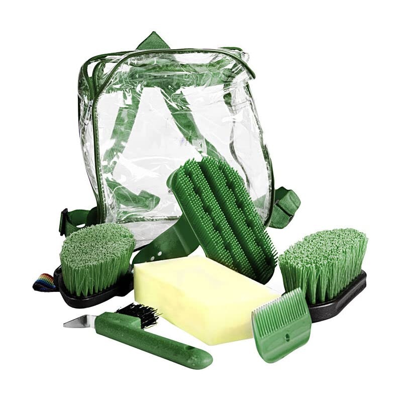Horze Backpack Easy-Carry Horse Grooming Set with Six Soft Grip Grooming Tools – Dark Green