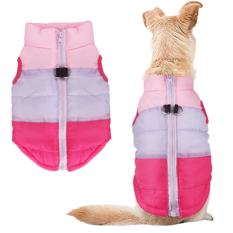Idepet Pet Dog Cat Coat with Leash Anchor Color Patchwork Padded Puppy Teddy Chihuahua Jacket Vest Costumes Pug Clothes Small (Pack of 1) Rose Red