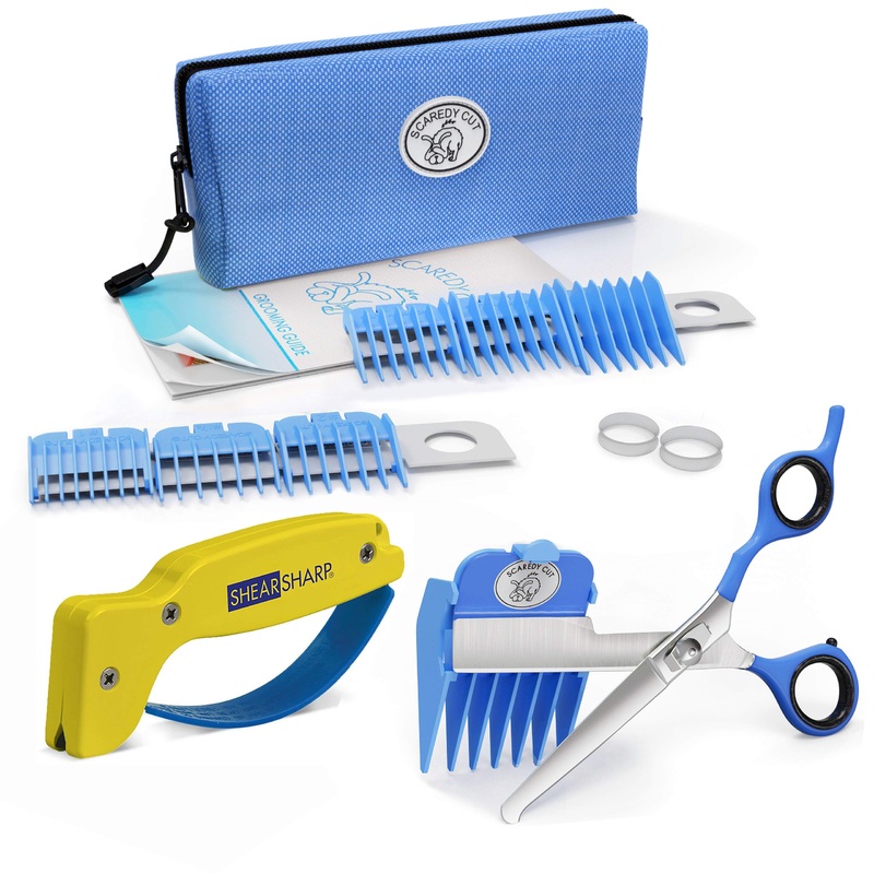 No Buzz Clipper + Sharpener by Scaredy Cut Silent Home Pet Grooming Kit, Blue, Right-Handed