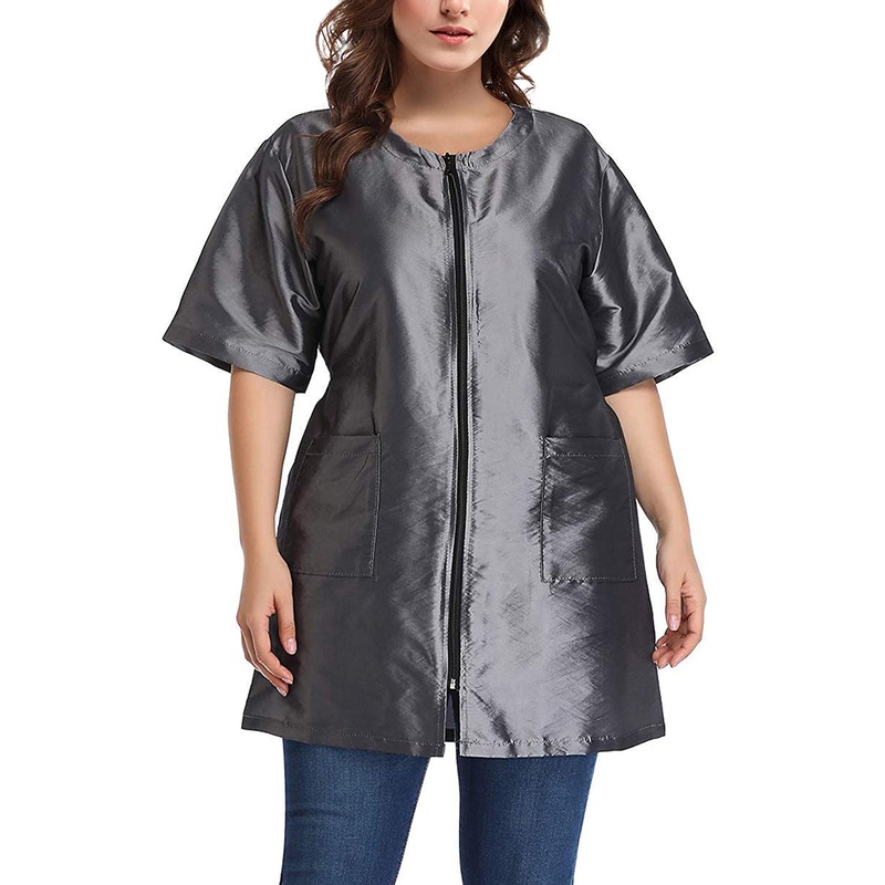 Noverlife Pet Grooming Workwear with Full Zipper, Lightweight Splash Proof Short & Long Sleeves Hair Grooming Smock Jacket X-Large Short Sleeves – Grey