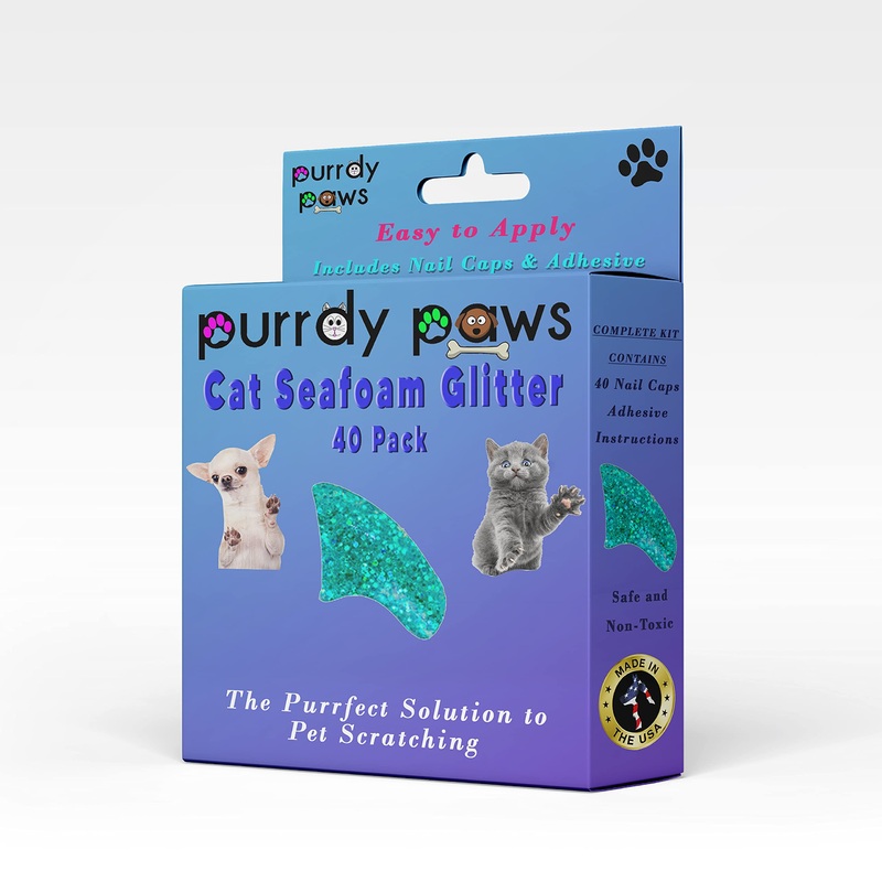 Purrdy Paws 40-Pack Soft Nail Caps for Cat Claws Seafoam Glitter Kitten