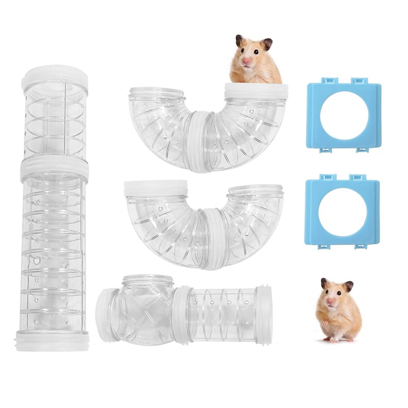 WishLotus Hamster Tubes with 2 Pipe Connection Plates, Adventure External Pipe Set Creative Transparent DIY Connection Tunnel Track to Expand Space Hamster Cage Accessories Hamster Toys Clear