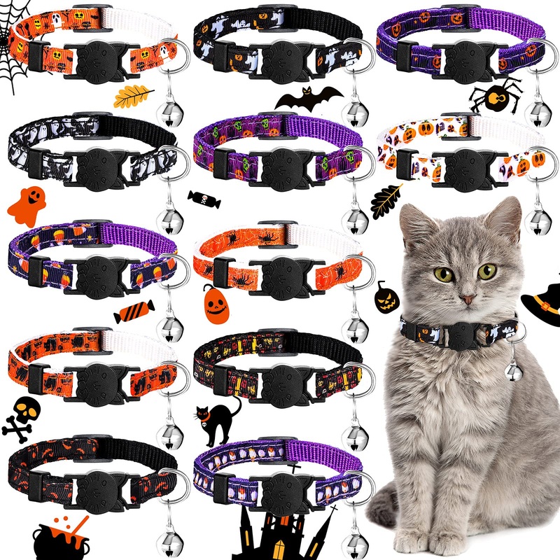 12 Pieces Halloween Breakaway Cat Collar with Cute Bell Adjustable Halloween Pet Collar Pumpkin Ghost Bat Dog Collar Halloween Cat Costume for Pet Kitten Cats Puppy Halloween Holiday Party Decoration