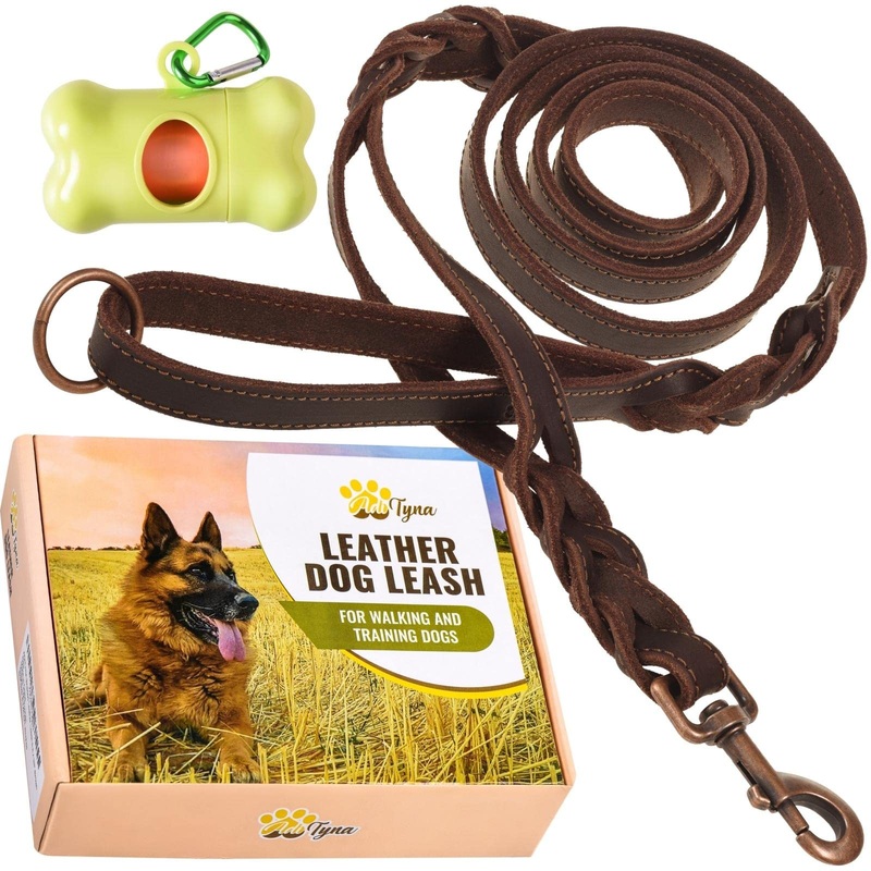 ADITYNA Braided Leather Dog Leash -Heavy Duty Dog Leash for Extra Large, Large, Medium and Small Dogs Two Handles 6 foot x 3/4″ Brown