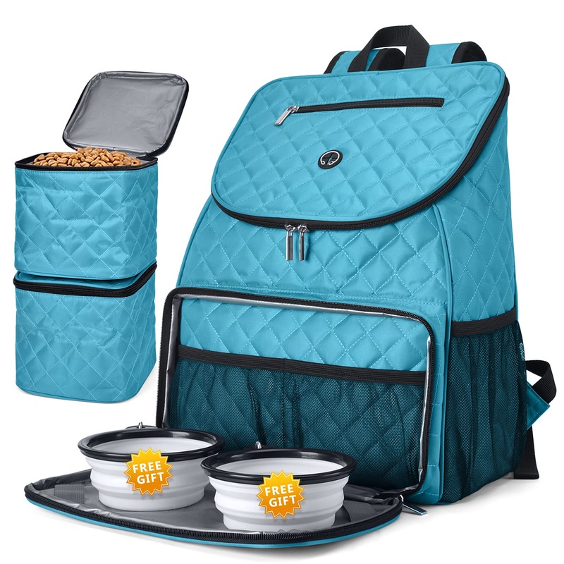 BAGLHER Dog Travel Bag,Airline Approved Pet Supplies Backpack,Dog Travel Backpack with 2 Silicone Collapsible Bowls and 2 Food Baskets. Sky Blue