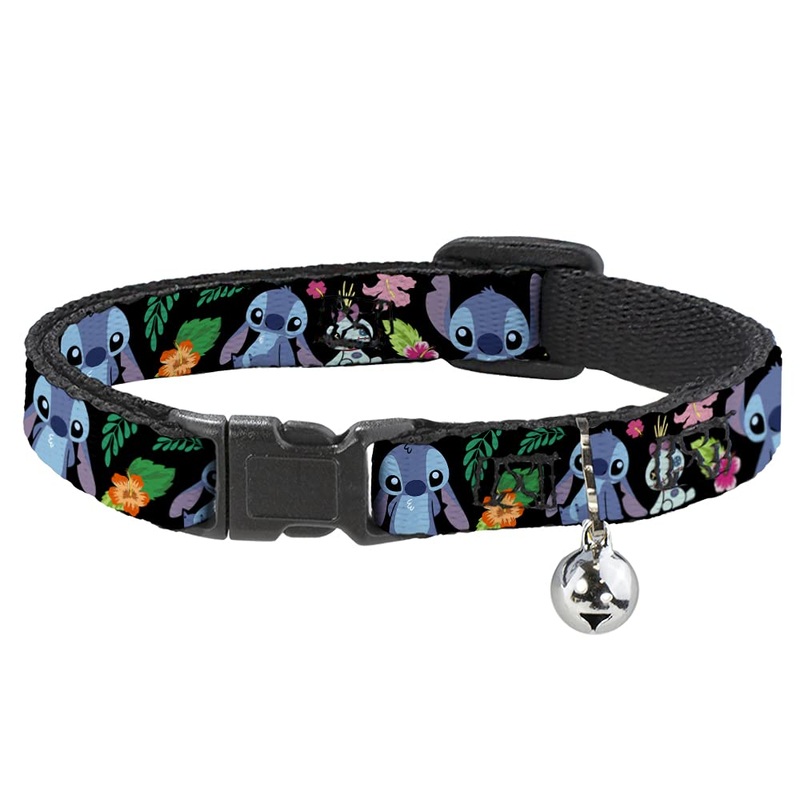 Buckle-Down BAC-WDY339-NL Breakaway Cat Collar-Ohana Means Family/Stitch & Scrump Poses/Tropical Flora Black/White/Multi Color, 1/2″ W-9-15 Neck-Large 1/2″ Wide – Fits 8-12″ Neck