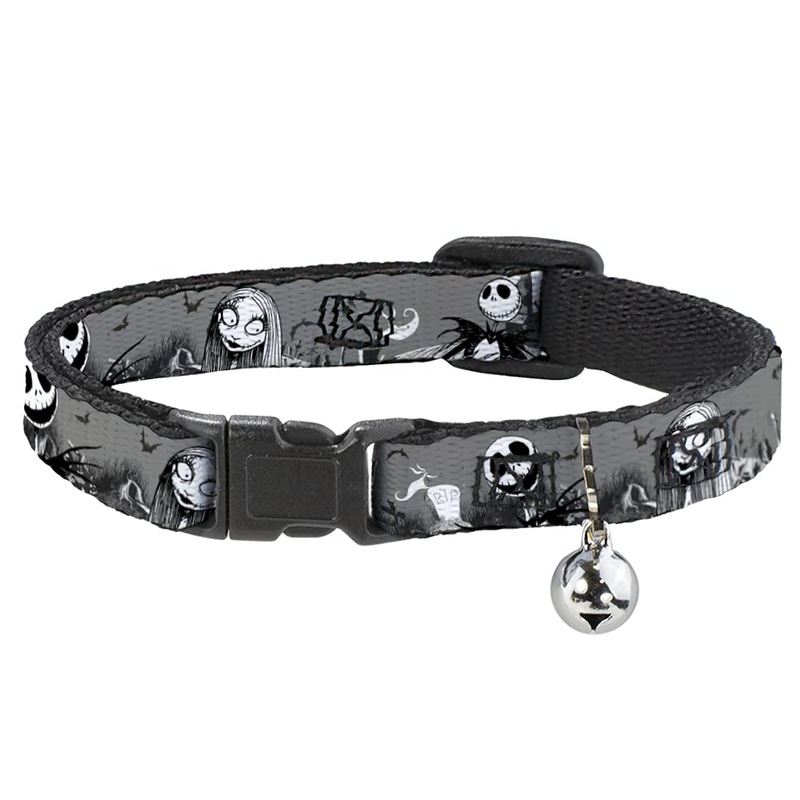 Buckle-Down NBC Jack & Sally Cemetery Scene Gray/Black/White Disney Breakaway Plastic Clip Collar, Narrow-Large NARROW MEDIUM – Fits 8-12 Inch (0.5 Inch WIDE)