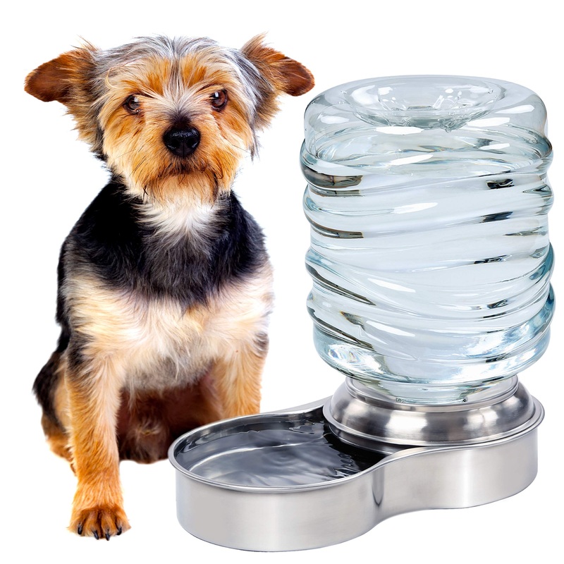 Bundaloo Dog Water Bowl Dispenser – Automatic Slow Refilling System Keeps Stainless Steel Drinking Dish Filled – Refillable 3 Liter Bottle, Non-Skid Feet – Clean, Safe, & Fresh Drink for Pet Dogs