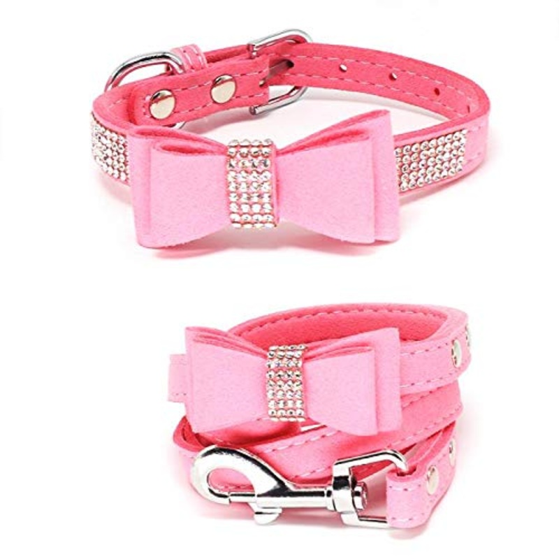 Charmsong Bowtie Dog Collar with Rhinestone Jeweled Crystal Dazzling Soft Collars for Small Dogs with Leash X-Small (Pack of 1) Pink