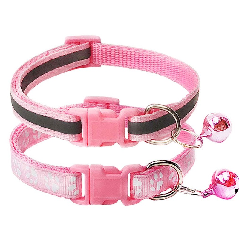 CHBORCHICEN 2-Pack Footprint & Reflective Cat Collar with Bell Basic Dog Cat Collar Buckle Adjustable Polyester Cat Dog Collar or Seatbelts X-Small Pink