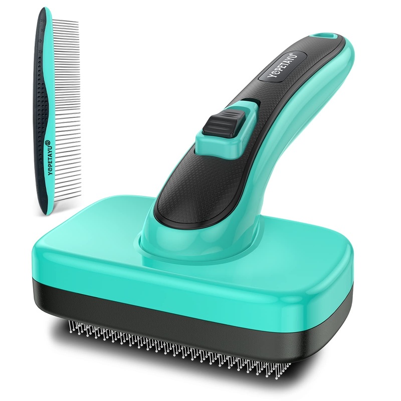 Dog Cat Self-Cleaning Slicker Brush for Shedding & Grooming Long Short Haired, Upgraded PAIN-FREE Bristles Gently Removes Loose Undercoat, Mats, Tangled Hair With All Hair Types + FREE Bonus Pet Comb Brush + Comb Set