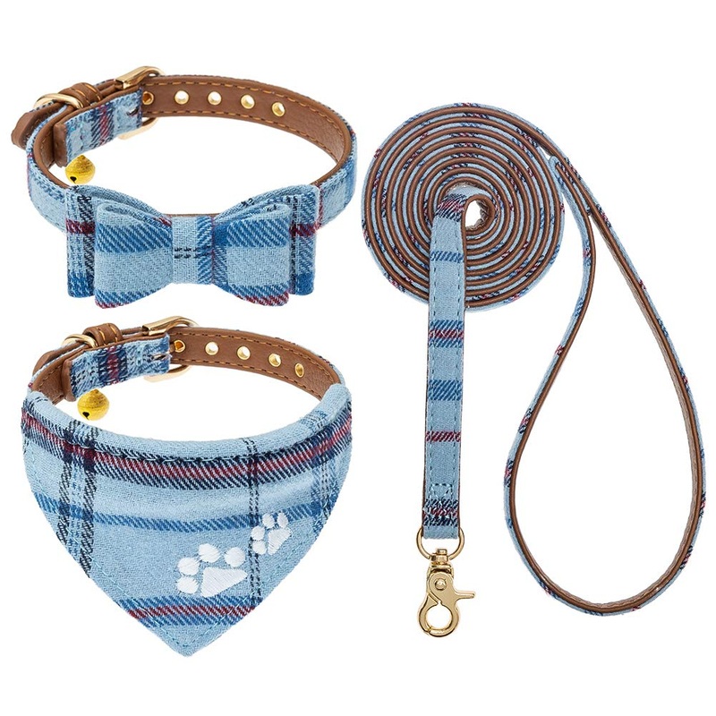 Dog Leash Collar Set – 3 Pack Plaid Pattern Adjustable Escape Proof Leash Collar Set for Outdoor Walking Small Blue