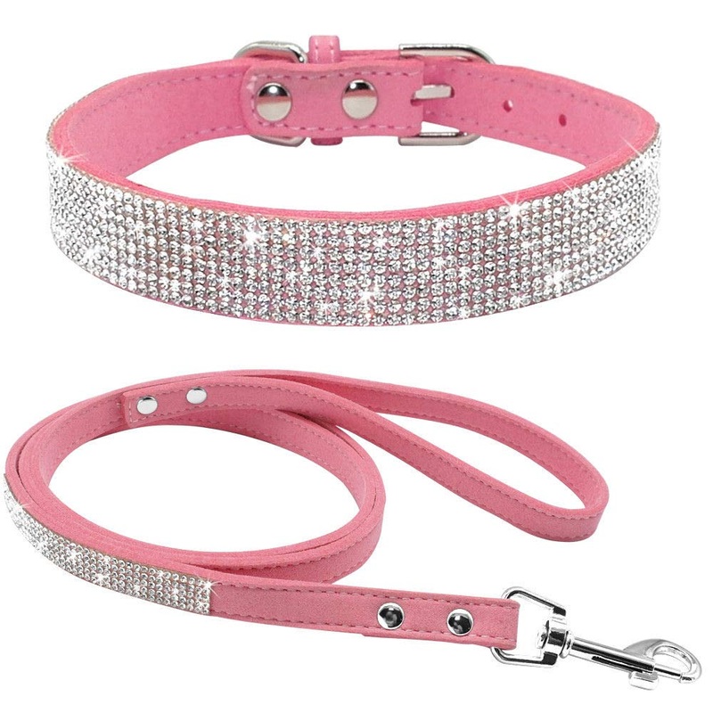 Haoyueer Cute Dazzling Sparkling Elegant Fancy Soft Suede Leather Bling Rhinestone Crystal Jeweled Pet Cat Dog Puppy Collar Dog Leash Combo Set S Pink