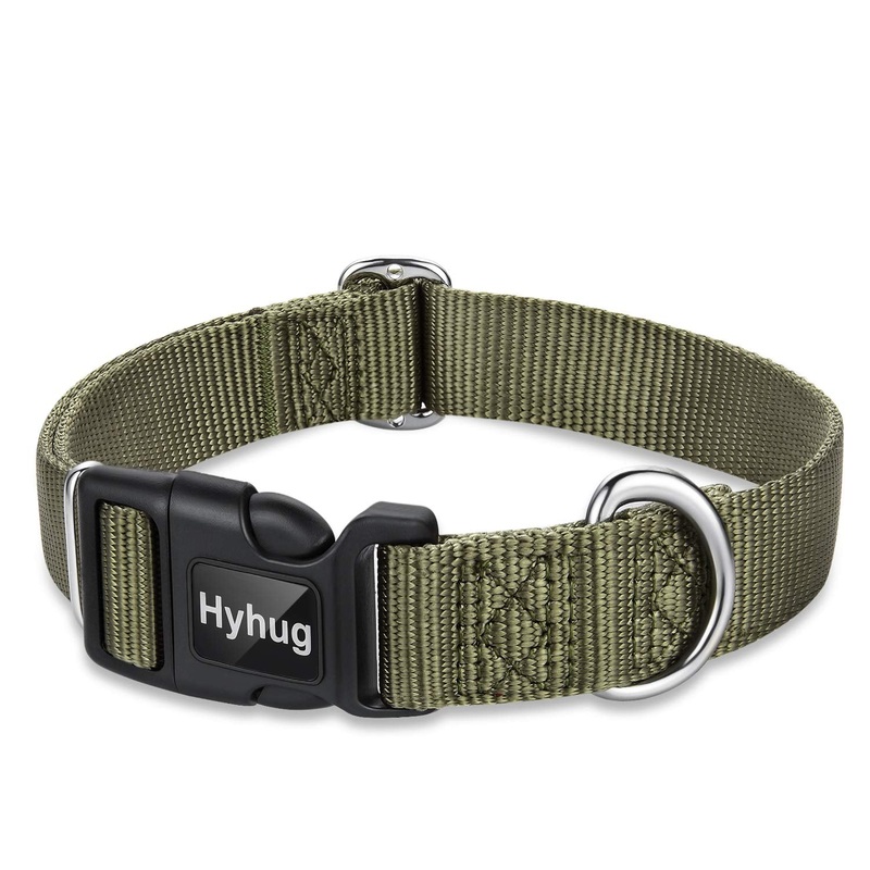 Hyhug Pets Solid Color Classic Regular Heavy Duty Basic Collar for Large Medium Small Dogs, Unique Design Adjustment Triglide Slide (Buckle) Can Attached Name Tag Accessories. Military Green