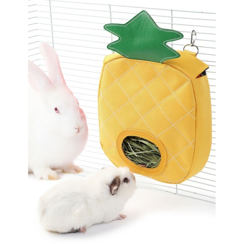 JanYoo Bunny Timothy Hay Feeder Hanging Bag for Rabbit Guinea Pig Chinchilla Food Dispensers Storage Feeding Less Wasted A-Pineapple