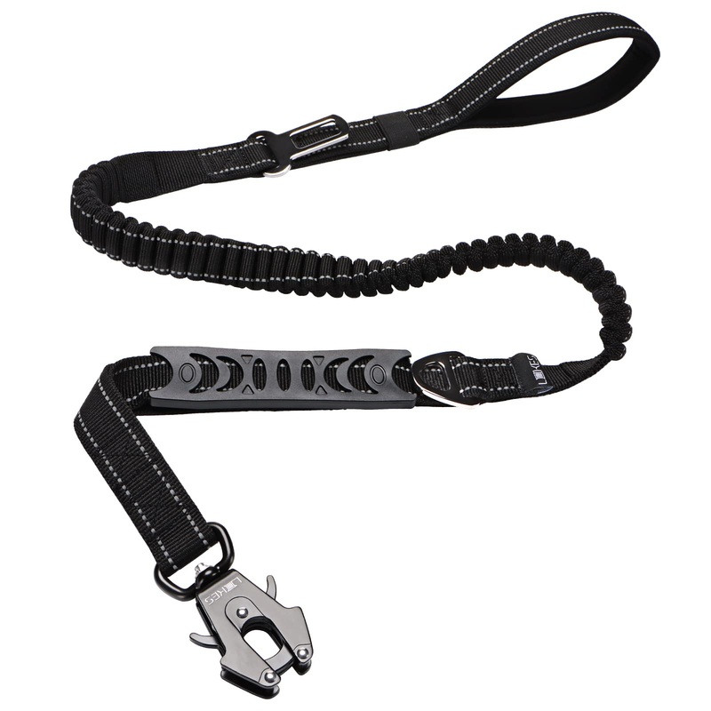 LIIIIIIKES Heavy Duty Dog Leash, Adjustable Dog Leash With Car Seat Belt, 4-6FT Power Stretch Dog Leash, Heavy Duty Tactical Load Bearing Connector Quick Release/Clamp Dog Collar, Reflective Stitching for Improved Visibility Black