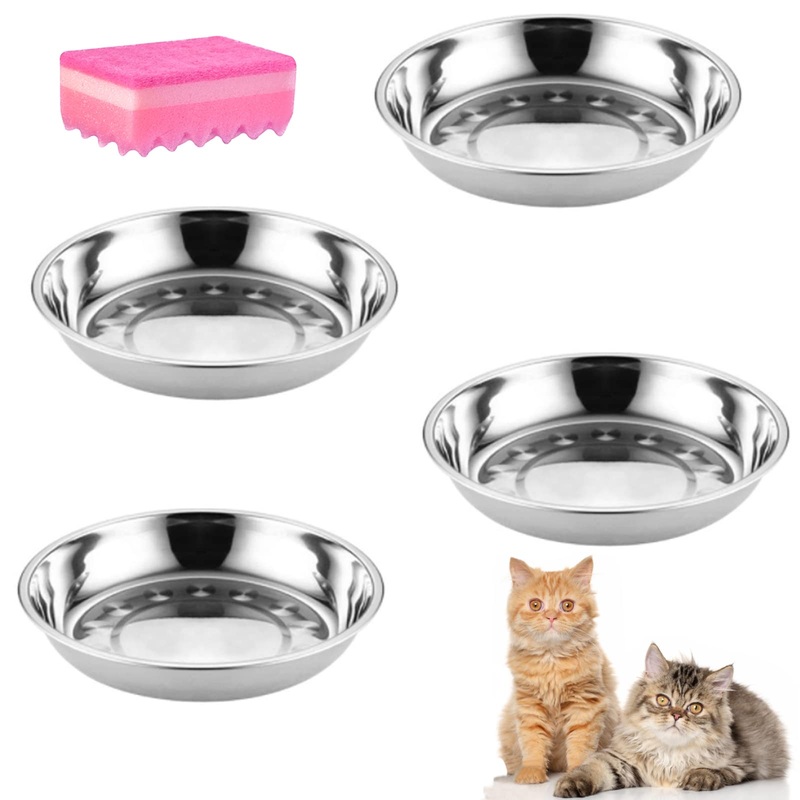 Mechpia 4 Pack Stainless Steel Whisker Relief Cat Food Bowls, Whisker Fatigue Relief Cat Food Dish, Metal Shallow and Wide Replacement Plate for Dog Pet Feeding 6.3 Inch Dia.