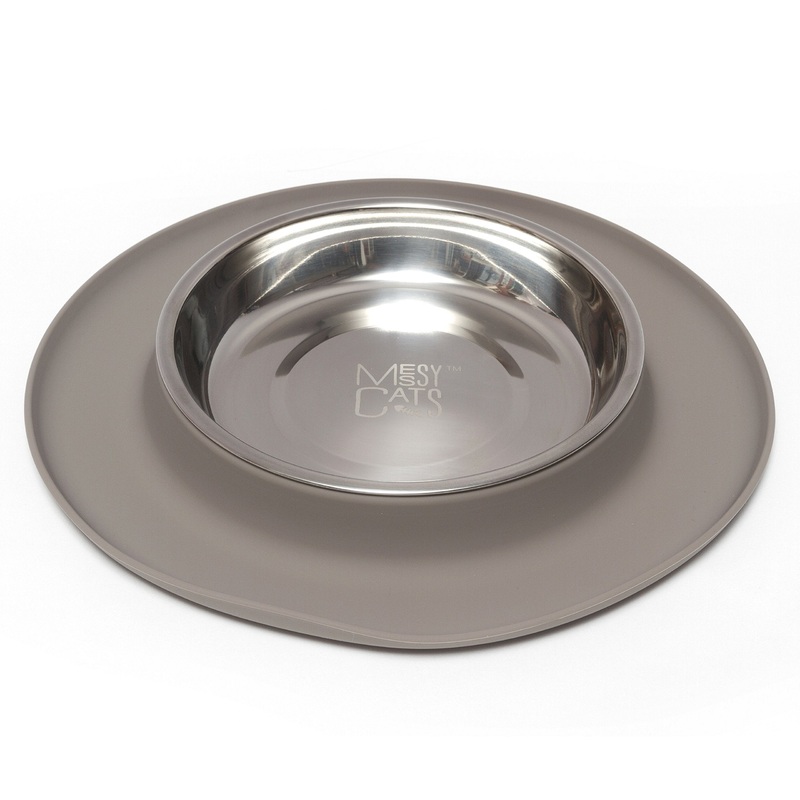 Messy Cats Single Silicone Feeder with Stainless Saucer Shaped Bowl | Anti-Slip Non-Skid Cat Food Bowl | One Cat Bowl in Feeding/Water Station Grey