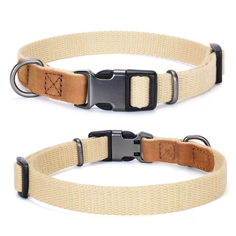 Mile High Life | Genuine Leather Dog Collar | Stainless Steel Pin Buckle Ring Dog Collar | Soft and Strong Poly Cotton Fabric | Variety Colors Small (Pack of 1) Cotton Fabric-Khaki