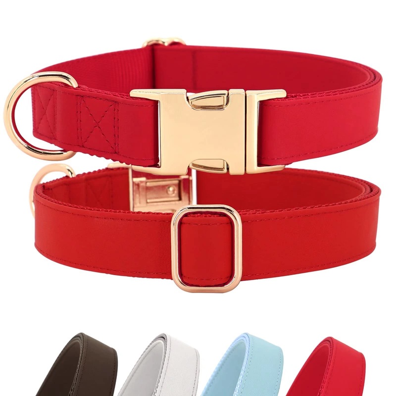 PET ARTIST Dog Collar with Soft Leather&Nylon Comfy Elegant Durable Pet Leather Collar 4 Solid Bright Color for Choosing Blue Red Brown Grey S:Neck 9-14”(22-35cm),Width 3/4”