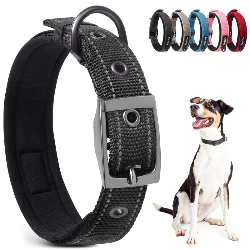 PetiFine Heavy Duty Dog Collar, Adjustable Soft Neoprene Padded Dog Collar with Metal Buckle, Reflective Belt Buckle Dog Collars for Small Medium Large Dogs Small (11″-14.5″) Black