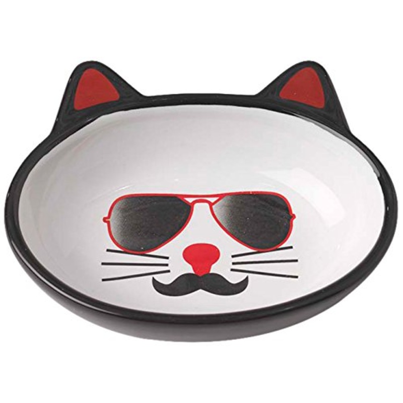 PetRageous 12037 Oval Mon Ami Pierre Stoneware Cat Bowl 5.5-Inch Wide and 1.5-Inch Tall Saucer with 5.3-Ounce Capacity and Dishwasher Safe is Great For Cats of All Sizes, Black and White