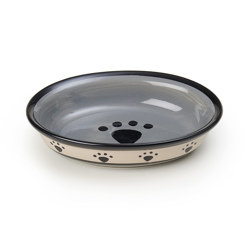 PetRageous 44247 Oval Metro Paws Stoneware Cat Bowl 6.25-Inch Wide and 1.5-Inch Tall Saucer with 1-Cup Capacity and Dishwasher and Microwave Safe for Small Dogs and Cats, Multicolored