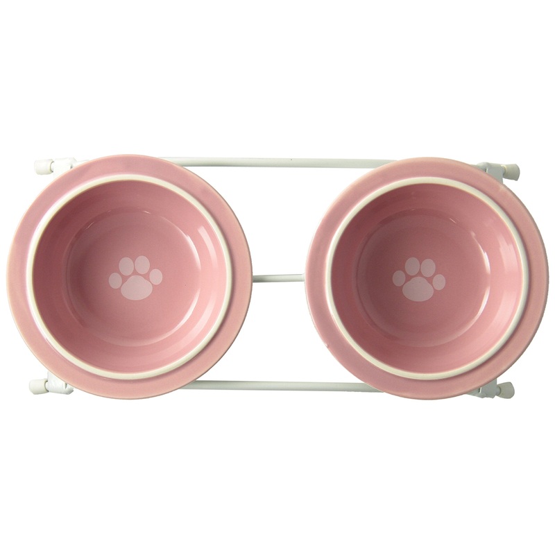 PetRageous 44355 Toftees Paws Diner with Two 1-Cup Dishwasher Safe Stoneware Bowl Capacity 10.75-Inch Length 2.25-Inch Tall for Extra Small and Small Dogs and Cats, White Diner with Pink Bowls
