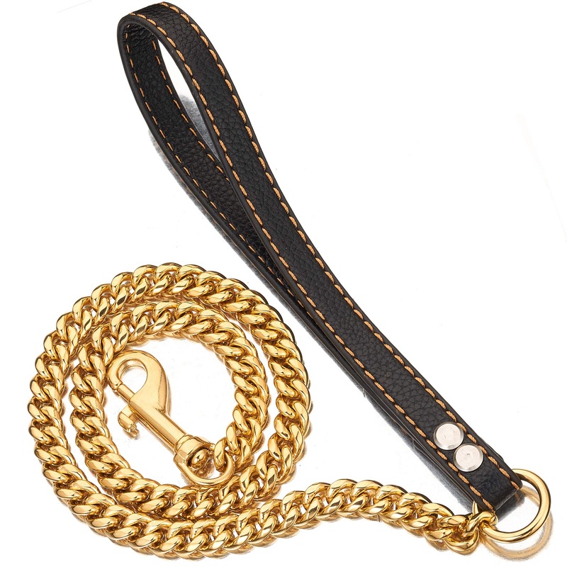 PRADOG Gold Dog Chain Leash for Cuban Link Collar 12MM Heavy Duty Metal Pet Leash Chain with Leather Padded Handle for Large Medium Small Dogs(3FT, 4FT, 5FT 3.0 FT ( For Larger Dog)