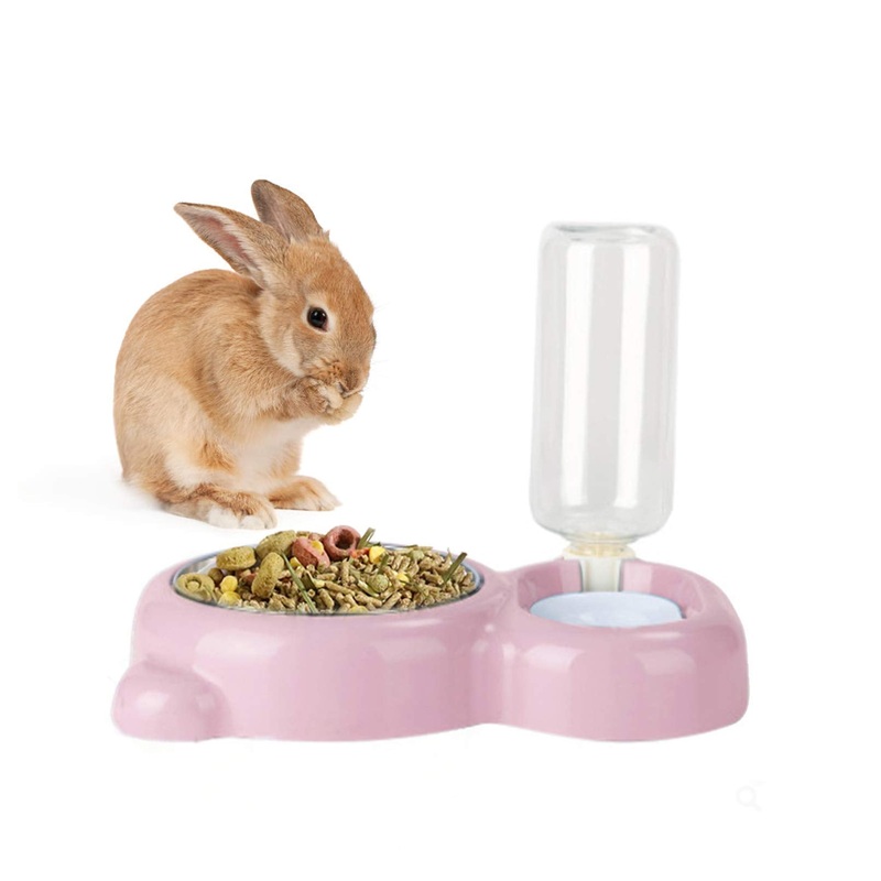 Rabbit Double Bowls Bunny Automatic Water Dispenser Detachable Stainless Steel Bowl No-Spill Water Bottle Food Feeder for Small Animals Bunny Squirrel Cat Puppy Chinchilla Pink