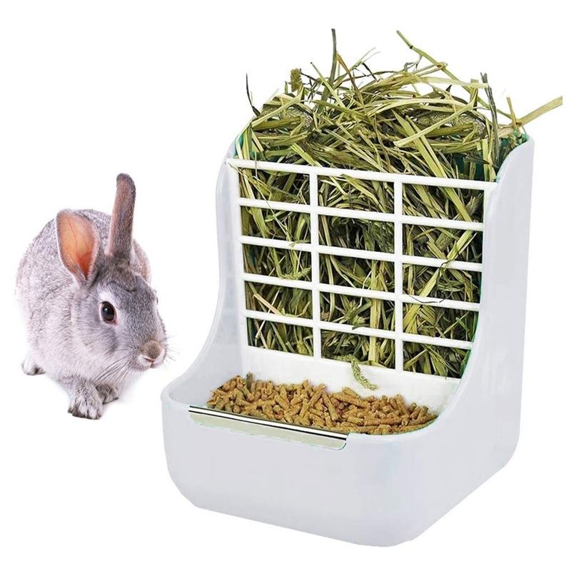 Rabbit Feeder Bunny Guinea Pig Hay Feeder, Hay Food Bin Feeder, Hay and Food Feeder Bowls Manger Rack for Rabbit Guinea Pig Chinchilla White+