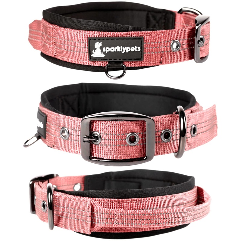 SparklyPets Heavy Duty Dog Collar with Handle for Medium and Large Dogs  Professional Collar with Reflective Stitches, Soft Handle & Nickel-Plated Buckle Medium (14,5″~18,5″) Pink