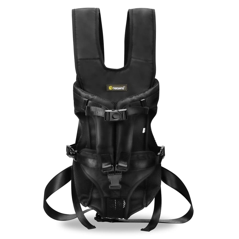 Texsens Dog Front Pack Carrier – Adjustable Hands-Free Pet Carrier Backpack, Legs Out, Easy-Fit Dog Travel Bag for Traveling Hiking Camping Cycling for Small Medium Dogs Cats Puppies Black