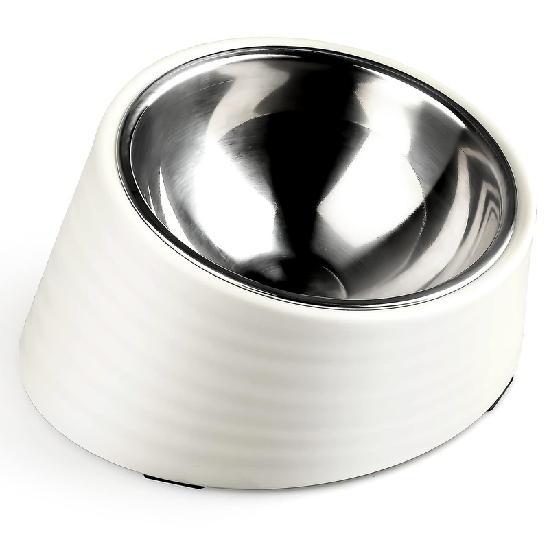 UPPETLY 15Slanted Stainless Steel Dog Bowl, Tilted Angle No Spill Non-Skid Cat Food Bowl, Stress Free Food Grade Material Feeder for Pets Puppy Small Medium Dogs White