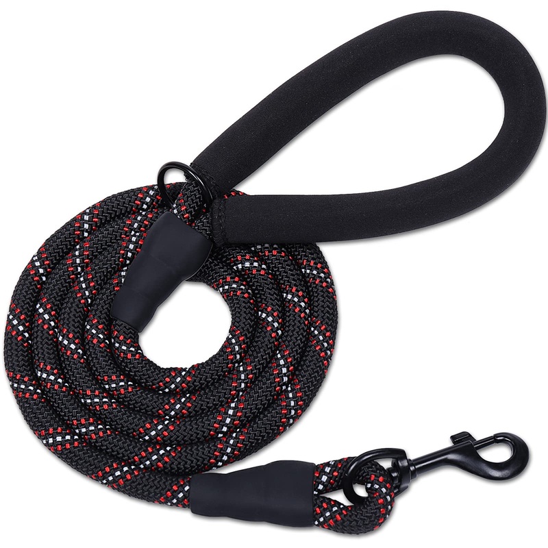 VIVAGLORY Strong Dog Leash with Soft Neoprene Padded Handle and Highly Reflective Threads, 3FT/4FT/5FT/6FT Rope Leash Lead for Training Walking Small Medium and Large Dogs 3/8” x 5 FT (12~65 lbs.) Black