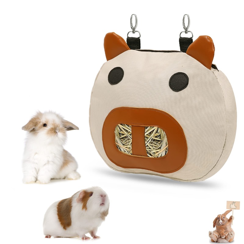 Zhilishu Rabbit Hay Feeder Bag, Hay Feeder for Guinea Pig Timothy Hay Feeder Dispenser Storage with 2 Hanging Hooks for Bunny Small Animal Cage Mess Free Brown