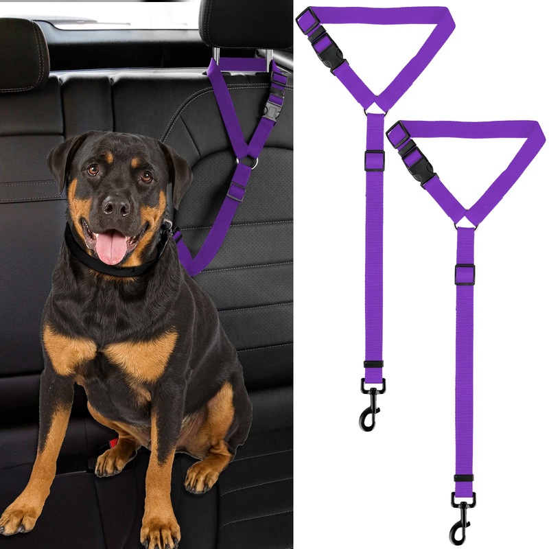 2 Packs Dog Cat Safety Seat Belt Strap Car Headrest Restraint Adjustable Nylon Fabric Dog Restraints Vehicle Seatbelts Harness Purple