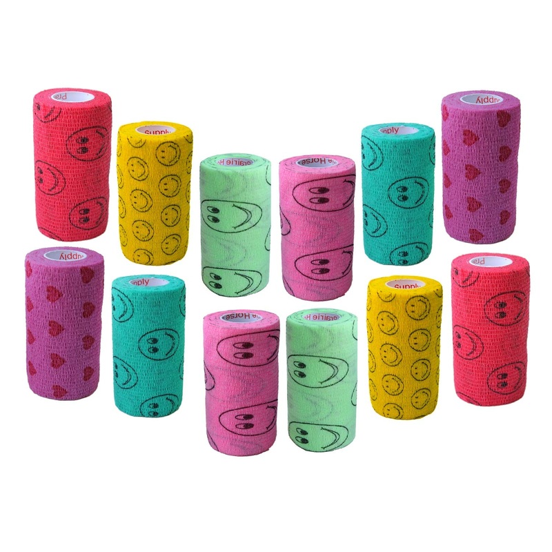 4 Inch Vet Wrap Tape Bulk (Assorted Colors) (6, 12, 18, or 24 Packs) Self-Adhesive Self Adherent Adhering Flex Bandage Rap Grip Roll for Dog Cat Pet Horse 12 Rolls Patterns