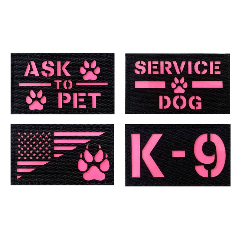 4 Pack Reflective Service Dog Ask to Pet k-9 Tactical Patchs Hook-Fastener Backing (Glow in Dark-Mix-Pink) Glow in Dark-MIX-Pink