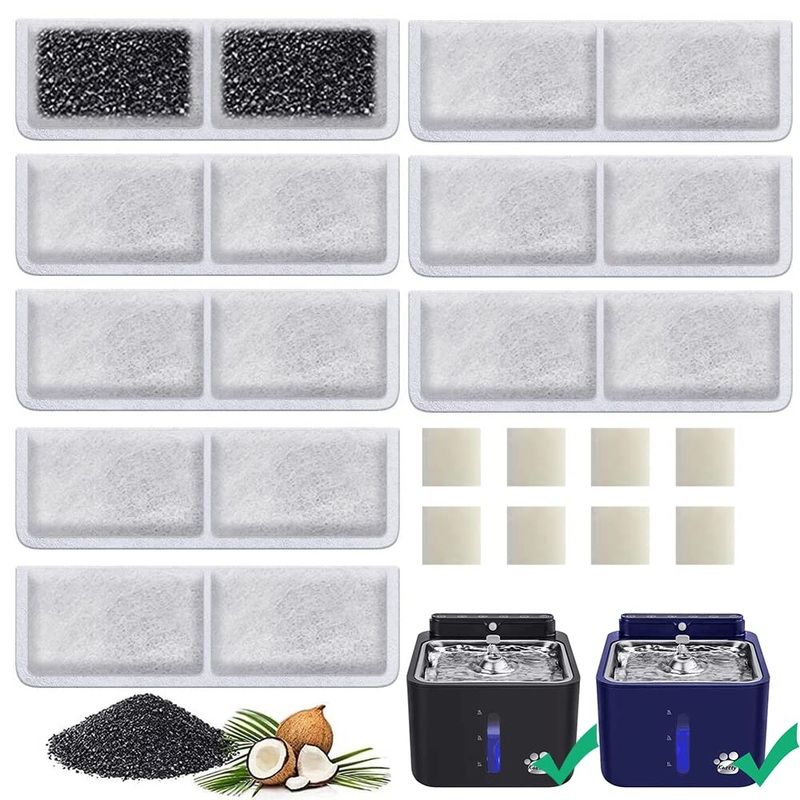 8 Pack Replacement Filters with 8 Pack Replacement Pump Filters for Kastty Battery Operated Cat Water Fountain, Made of Activated Carbon and PP Cotton, Food Grade Water Fountain Filters White filters