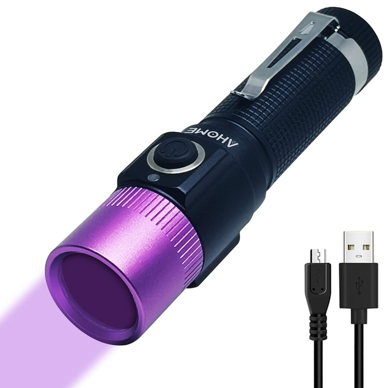 AHOME V10S UV 365nm Blacklight Flashlight [Purple Head] & [USB Rechargeable] Black Light Ultraviolet LED Lamp, Scorpion Finder & Pet Urine Detector with Charging Cable