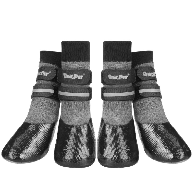 BINGPET Anti-Slip Dog Socks,Waterproof Paw Protectors with Reflective Straps Traction Control for Indoor & Outdoor Wear, 4pcs Grey Large