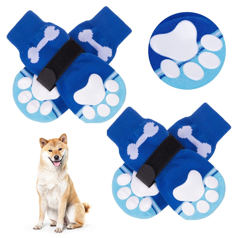 BINGPET Anti-Slip Dog Socks with Bone Embroidery Pattern – 2 Pairs Soft and Breathable Pet Puppy Paw Protector Medium Blue